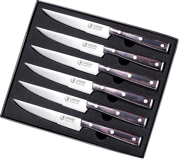 Steak Knife Set of 6 with Gift Box - Ergonomic Grip Black Wooden Handle, Highly Resistant & Durable German Stainless Steel, Serrated Edge - 4.8''Dinner Knife Set Non Straight