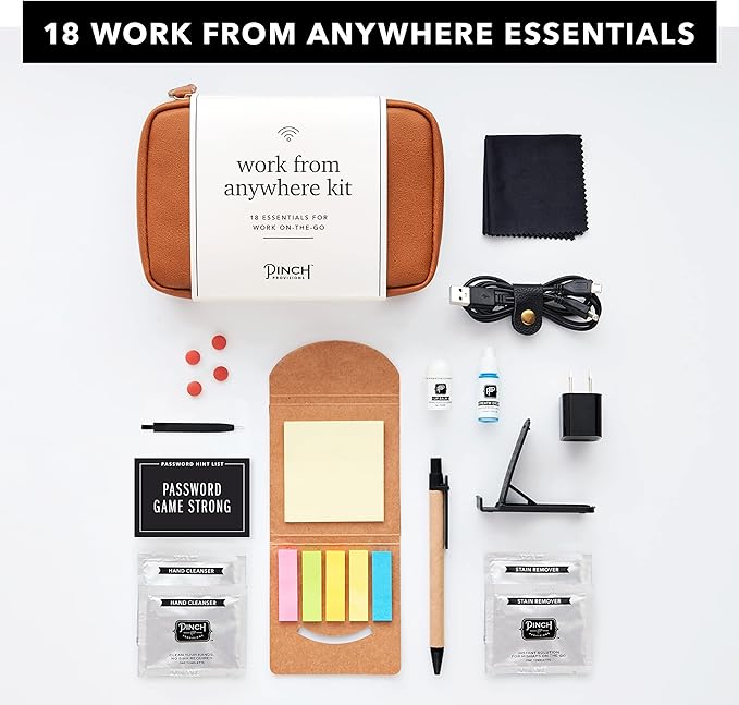 Pinch Provisions Work from Anywhere Kit, Includes 18 Essentials to Help You Stay on Task, Must-Have Essentials, Compact Multi-Functional Double-Pocket Vegan Leather Pouch-BrightBean Baby