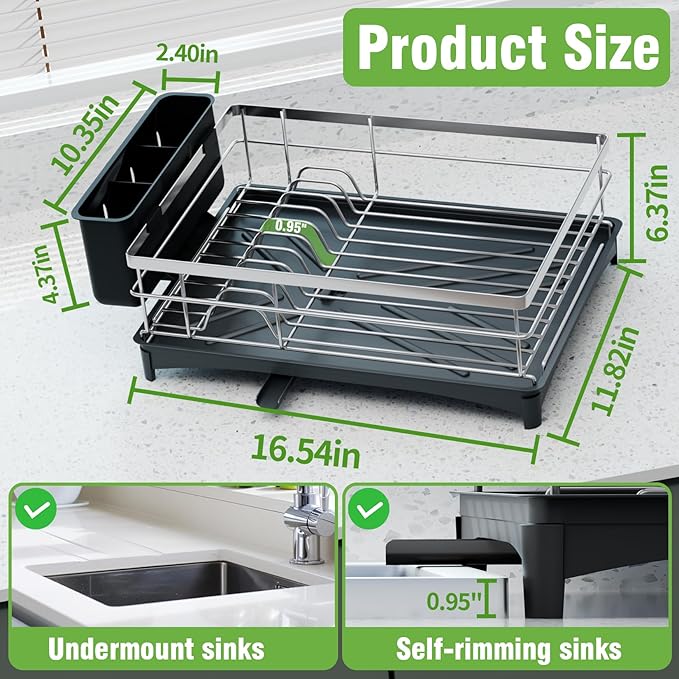 Dish Drying Rack, Large Capacity Dish Drainers for Kitchen Counter with Removeable Cutlery Holder, Rustproof & Sturdy Auto-Drain Multifunctional Organizer for Plates,Cups,knife fork Storage Essentials