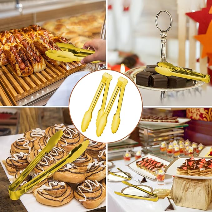 Gisly 6-Piece Gold Serving Tongs, Gold Serving Utensils, Stainless Steel Gold Plated Buffet Serving Tongs,Salad Buffet Tongs,9 Inch