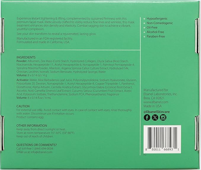 Ebanel Collagen Peptides Wash-Off Face Mask Set, 8 Pack Instant Skin Tightening and Lifting Masks, Brightening Face Mask with Niacinamide, Glutathione, Hyaluronic Acid, Vitamin C, Cica, B5, Albumen-BrightBean Baby