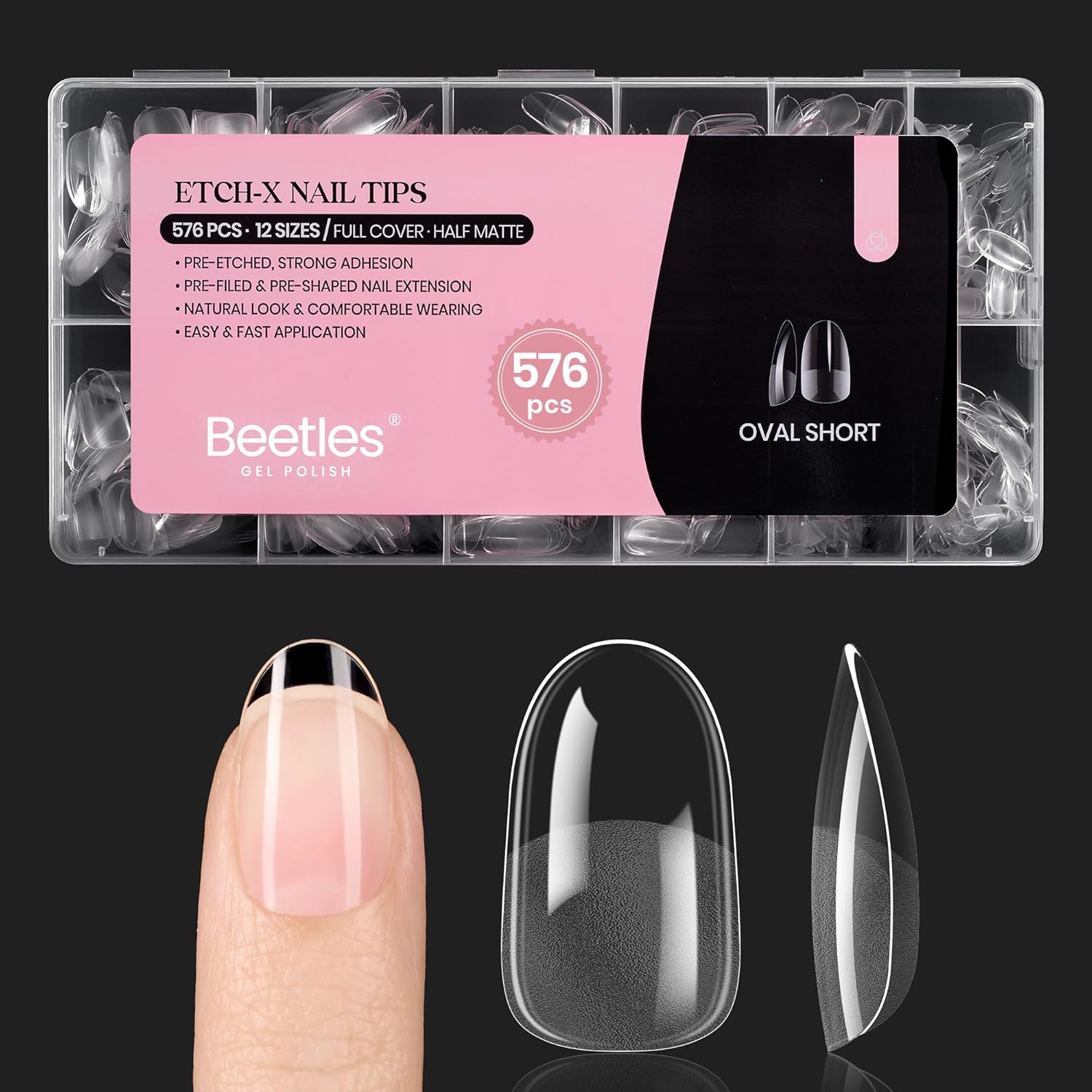 Beetles Gel Nail Tips Short Oval 576Pcs, 12 Sizes Pre-Shaped Half Matte Press On Nails Gelly Tips False Nails for Gel Full Cover False Nails Home DIY Nail Salon Gifts for Girls Women-BrightBean Baby