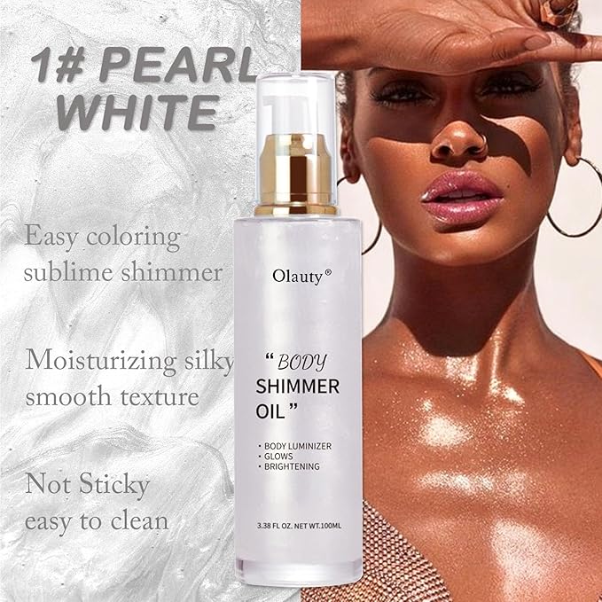 Shimmer Body Oil-Pearl White Face Brighten Glow Pearl Highlighter Liquid Illuminator Body Glow Oil,4 Color Bronze Makeup Glitter Body Shimmer Oil with Makeup Brush-BrightBean Baby