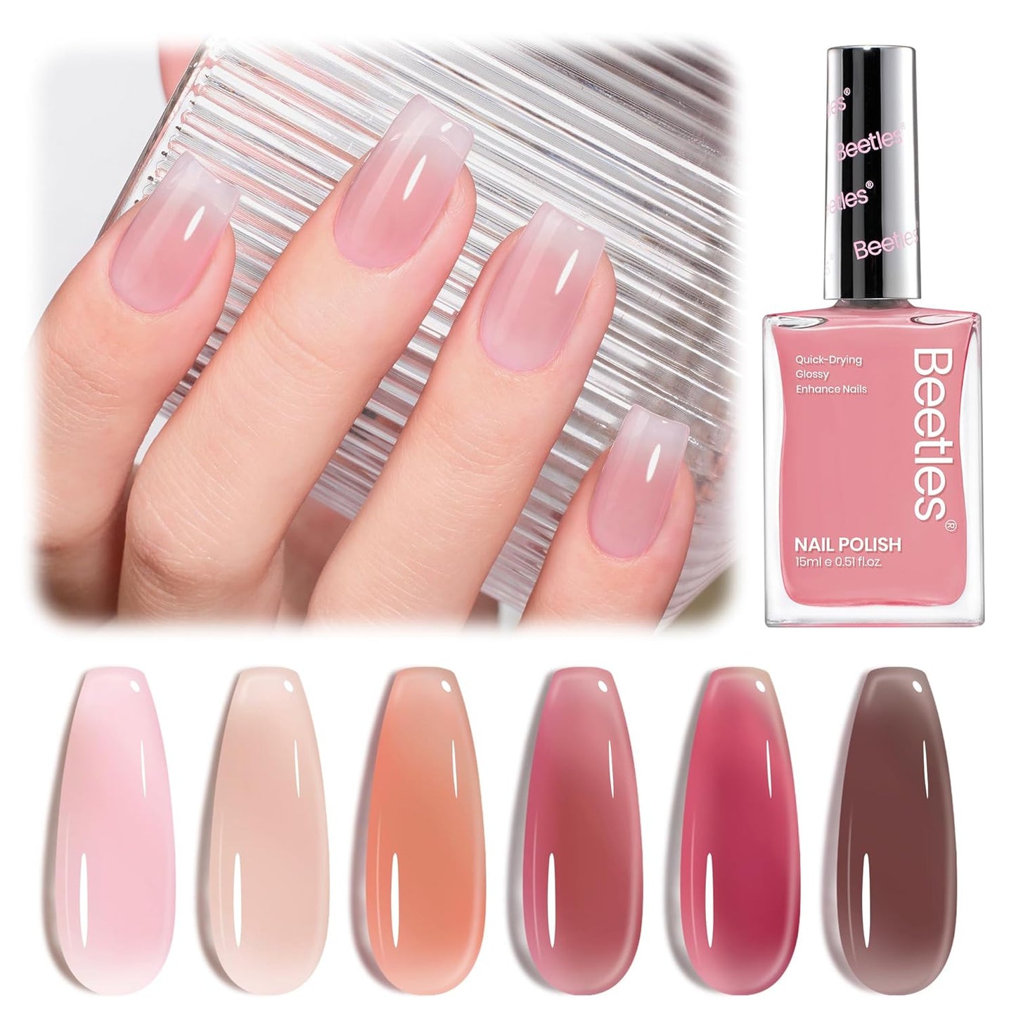 Beetles Jelly Nail Polish Set, 6 Colors Sheer Pink Nail Polish Long Lasting & Quick Dry Clear Jelly for Women, Pink Nail Strengthener Polish for Salon DIY Manicure Set-BrightBean Baby