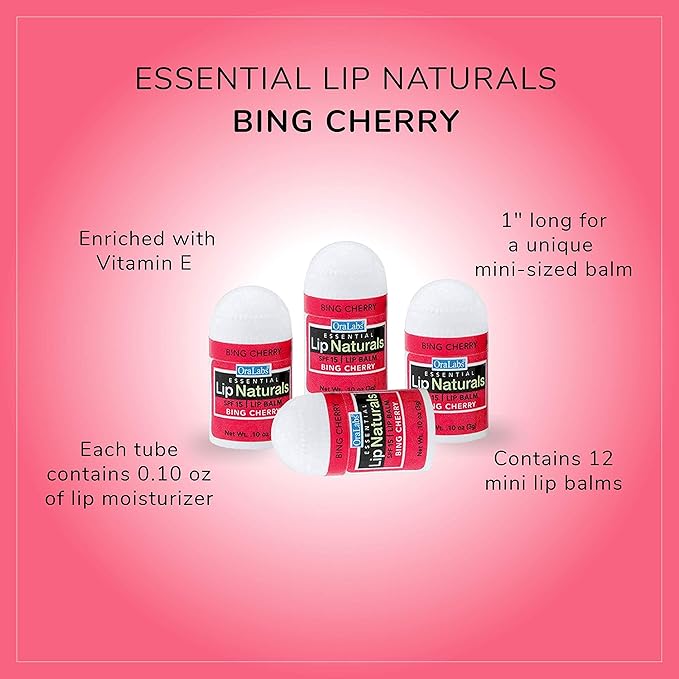 Lip Naturals® | Mini Cherry Lip Balm with Sunscreen (SPF-15) | Made in USA with Beeswax & Coconut Oil | 12-Count Mini Lip Balm Pack with Bing Cherry Flavor (0.10oz/3g Each)-BrightBean Baby
