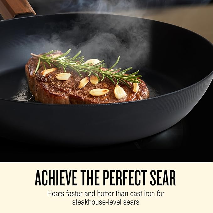 Alva Forest 9.5" Carbon Steel Frying Pan – Naturally Nonstick, Pre-Seasoned, with Acacia Wood Handle, Made Without PTFE, PFOA, PFAS – Sustainable Belgian Design, Induction & All-Stovetop Safe