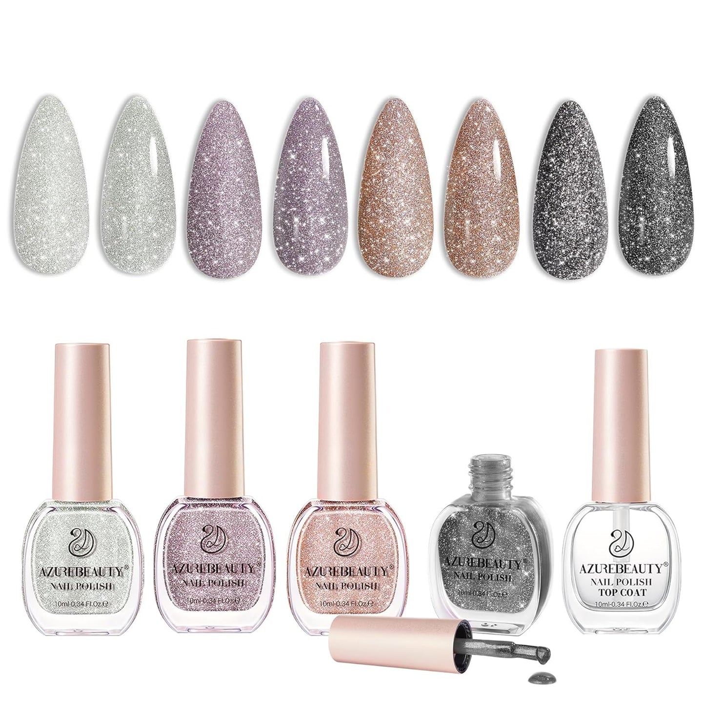 AZUREBEAUTY Matte Glitter Nail Polish Set 4 Colors Diamond Platinum Silver Purple Black Nude Nail Polish Quick Dry Natural Nail Kit with Top Coat DIY Salon Home-BrightBean Baby