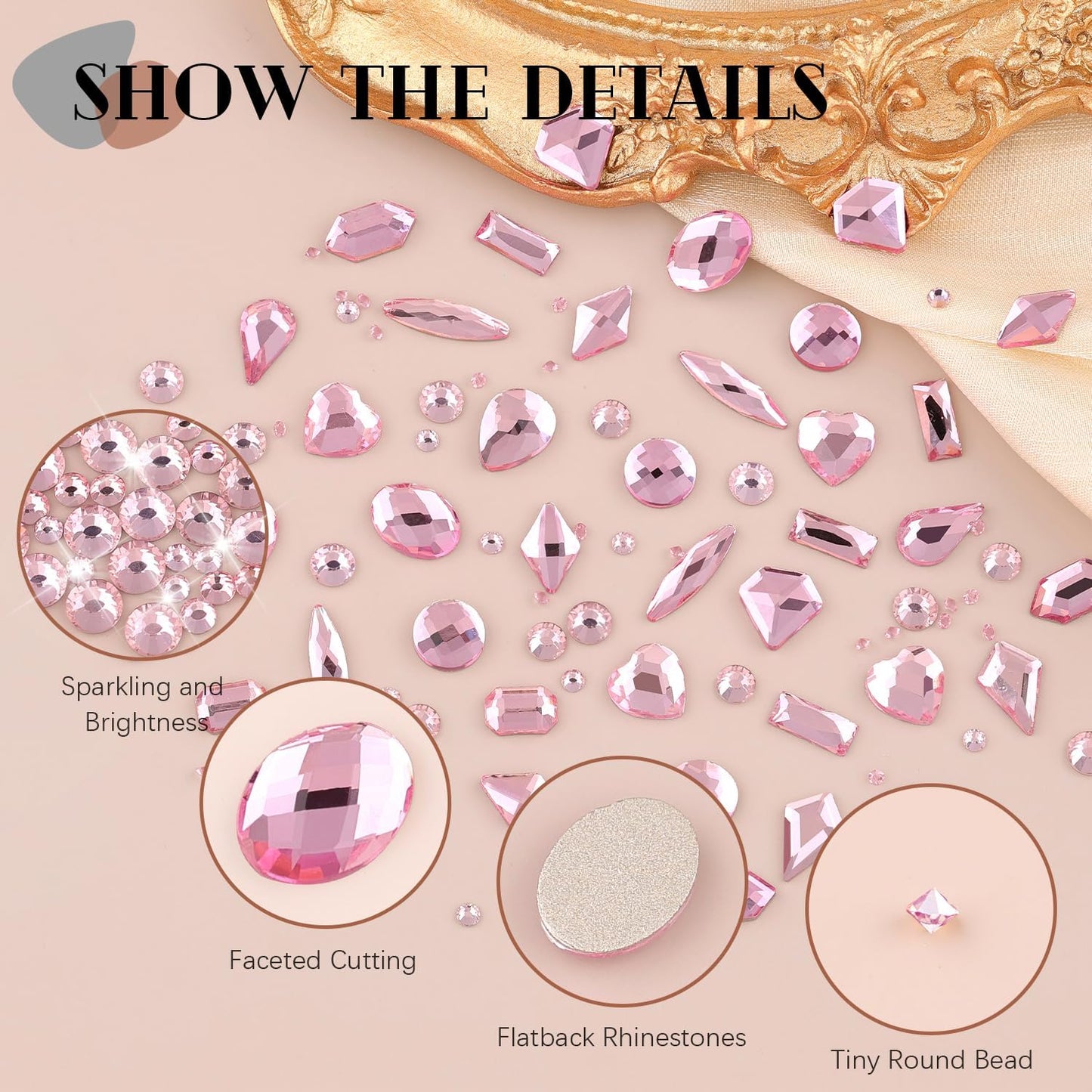 2060Pcs Pink Glass Nail Rhinestones 60Pcs Multi Shapes Flatback Nail Gems + 2000Pcs 1.5-4mm Round Crystal, Manicure Nail Charms Diamond Gemstones for Acrylic Nails Decoration-BrightBean Baby