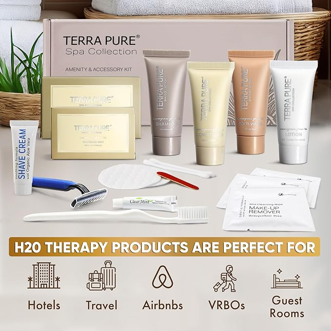 Terra Pure Spa Collection Amenity & Accessory Kit |1 oz Travel Size Shampoo, Conditioner, Lotion, Body Wash, 2 Soap Bars, Shave & Dental Sets, Make-Up Remover Wipes, & Vanity Kit | 15 sets/case-BrightBean Baby
