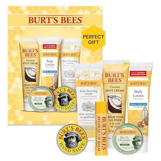 Burt's Bees Back to School Gifts Ideas, 6 College Dorm Products, Timeless Minis Set – Beeswax Lip Balm, Coconut Foot Cream, Milk & Honey Body Lotion, Deep Cleansing Cream, Res-Q Ointment & Hand Salve-BrightBean Baby