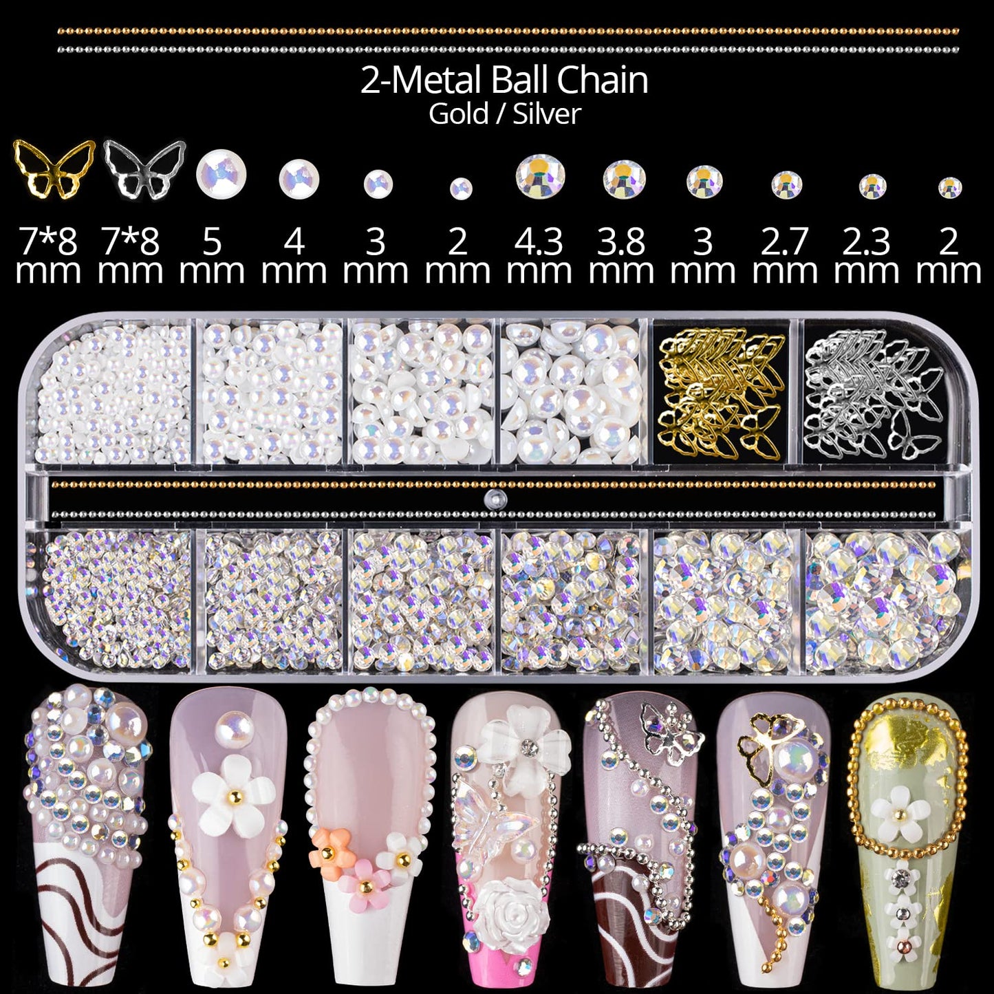 Mixed 3D Nail Art Gem Decoration Accessories Kit #2, Aurora Bear Bow Butterfly Starry AB Rhinestone Charm Jewelry for Deco, Pearl Flower Caviar Bead Stone Crystal with Dual-End Brush and Tweezer-BrightBean Baby