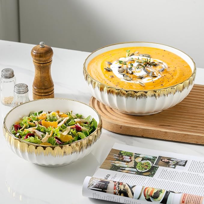 LETAOTAO Serving Bowls, 10 inch Extra Large Salad Bowl Set of 2, Ceramic Bowl with Gold Trim, Kitchen Decorative Bowls Porcelain Mixing Bowls for Salad, Soup, Pasta and Dinner