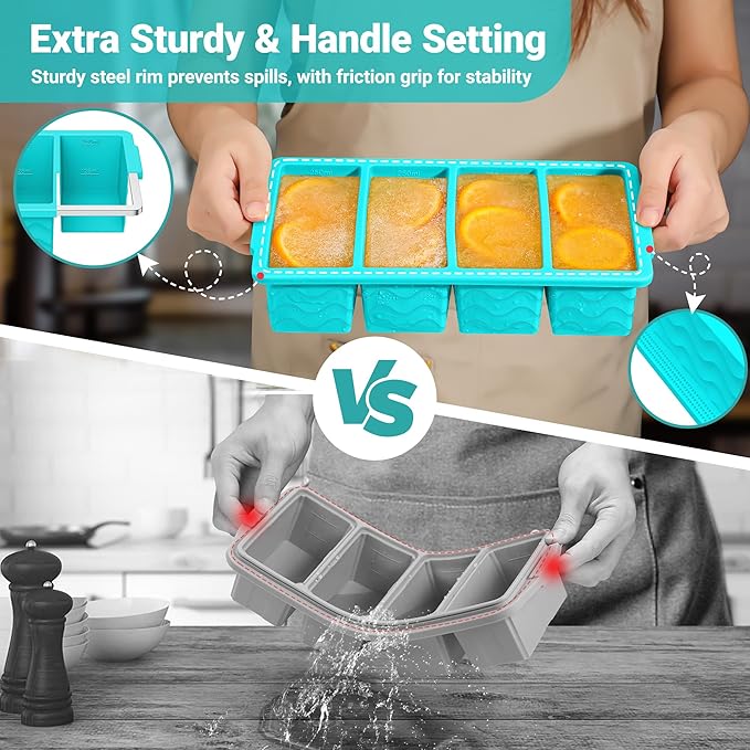 Silicone Freezer Trays with Lid for Soup, 1-Cup & 2-Cup Large Ice Cube Molds Food Storage Containers for Meal Prep, Freeze 250mL/125mL Portions – 2 Pack
