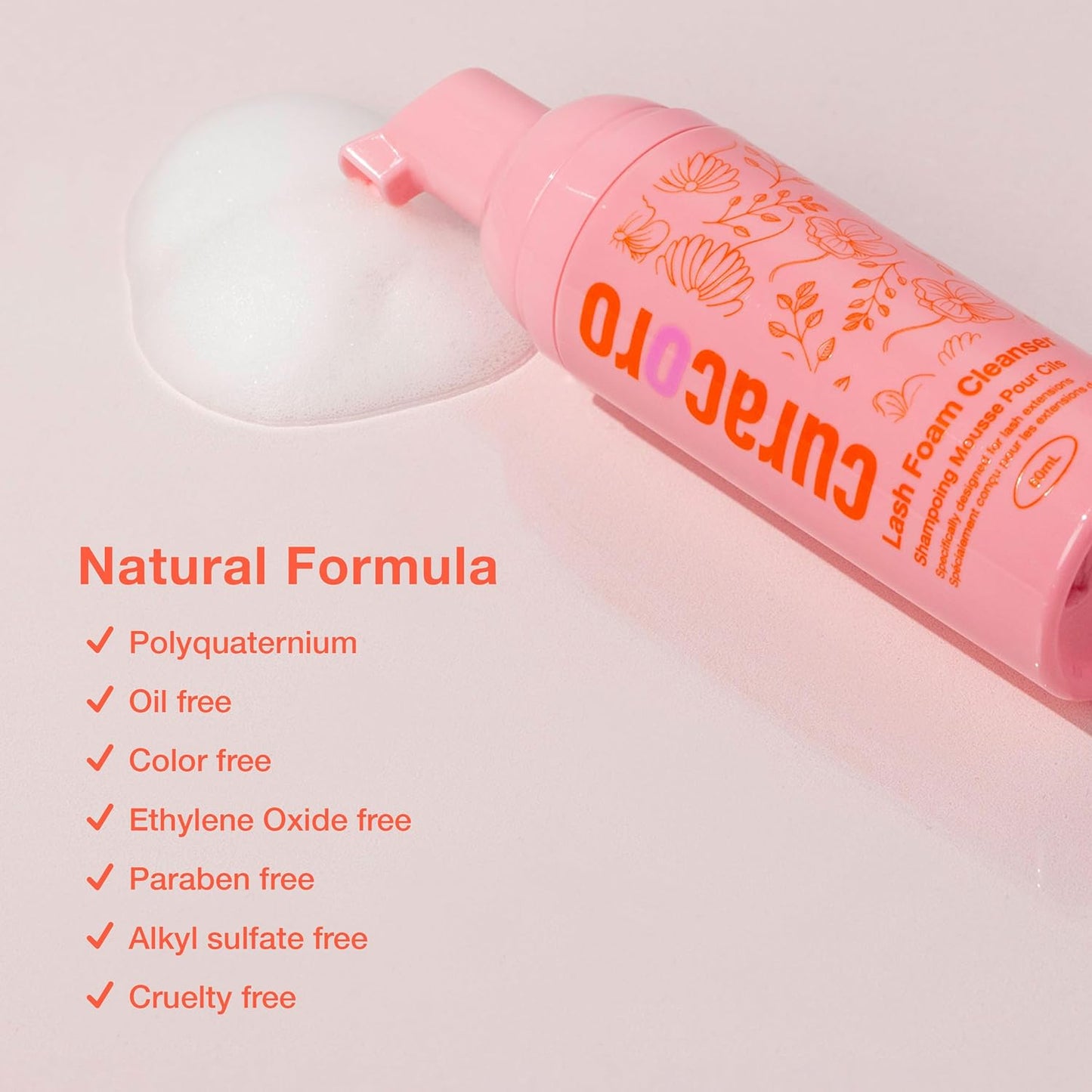 Curacoro 60ML Eyelash Extension Cleanser - Lash Shampoo for Lash Extensions, Eyelash Extension Foam Cleanser for Dry & Sensitive Skin, Gently Removes Waterproof Makeup for Professional & Home Use-BrightBean Baby