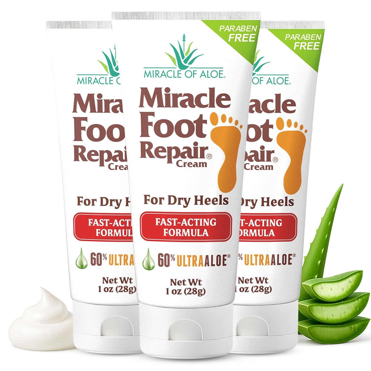 Miracle Foot Repair Cream, (1 oz / 3 Pack) Repairs Dry Cracked Heels and Feet, 60% Pure UltraAloe Moisturizes, Softens, and Repairs-BrightBean Baby