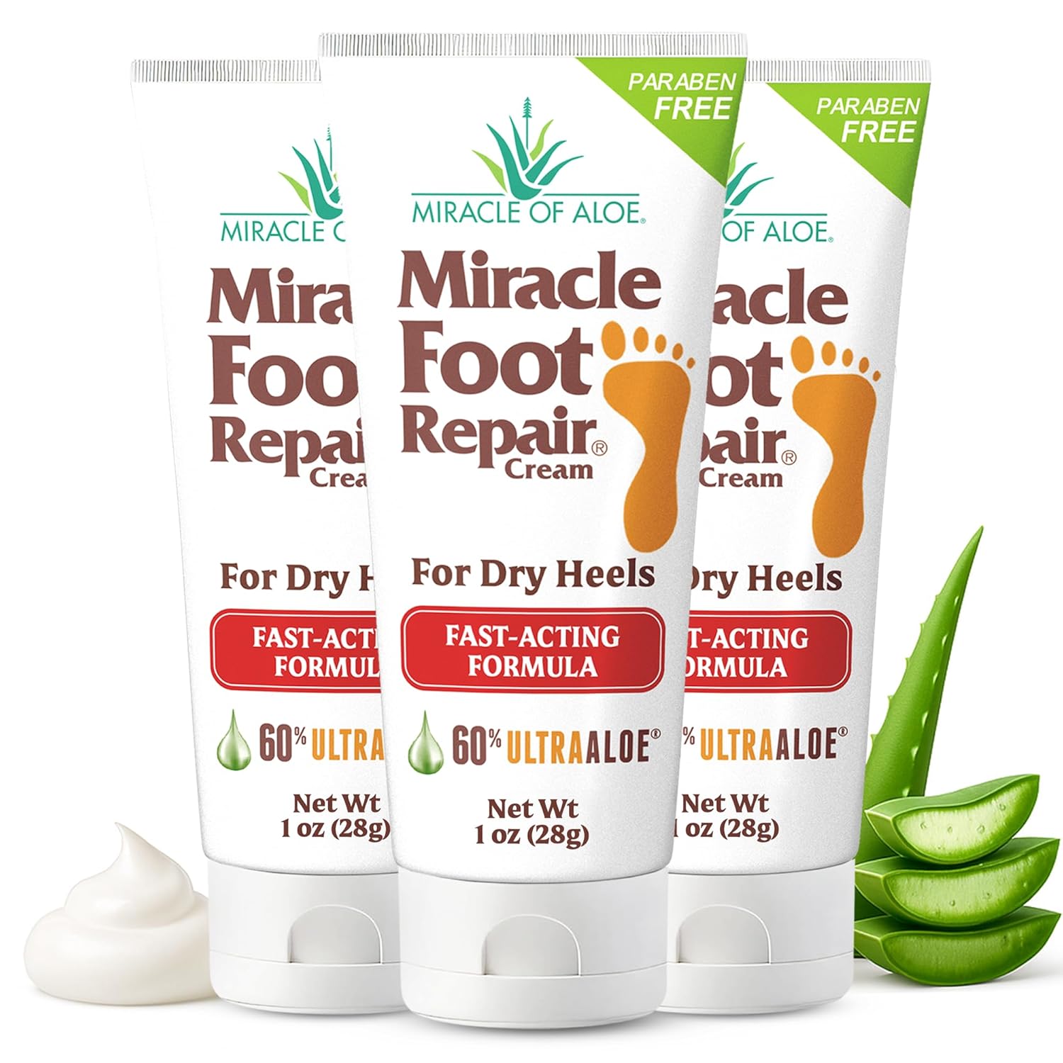 Miracle Foot Repair Cream, (1 oz / 3 Pack) Repairs Dry Cracked Heels and Feet, 60% Pure UltraAloe Moisturizes, Softens, and Repairs-BrightBean Baby
