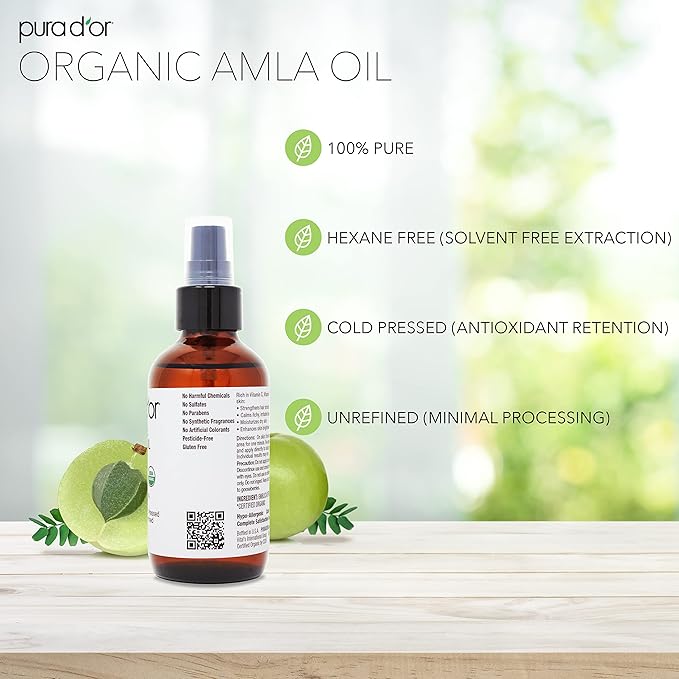 PURA D'OR Organic Amla Oil (4oz / 118mL) 100% Pure USDA Certified Premium Grade Natural Moisturizer, Cold Pressed, Hexane-Free Base Carrier for DIY Skin Care Men & Women, Pack of 1, 0.5 pounds-BrightBean Baby