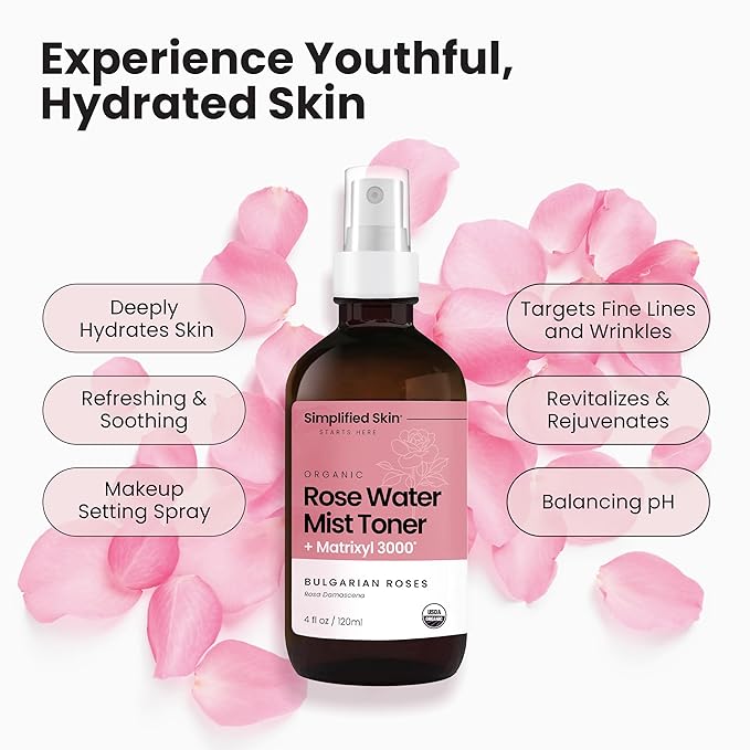 Rose Water Spray for Face with Matrixyl 3000 - Organic Rosewater Face Mist with Aloe Vera & Hyaluronic Acid - Hydrating, Reduces Fine Lines, Boosts Collagen Production, & Soothes Skin - 4 Fl Oz-BrightBean Baby