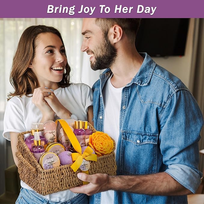 Bath Spa Gift Sets - Luxury Basket With Honey & Lavender - Spa Kit Includes Wash, Bubble Bath, Lotion, Bath Salts, Body Scrub, Body Spray, Shower Puff, Bathbombs, Soap and Towel-BrightBean Baby