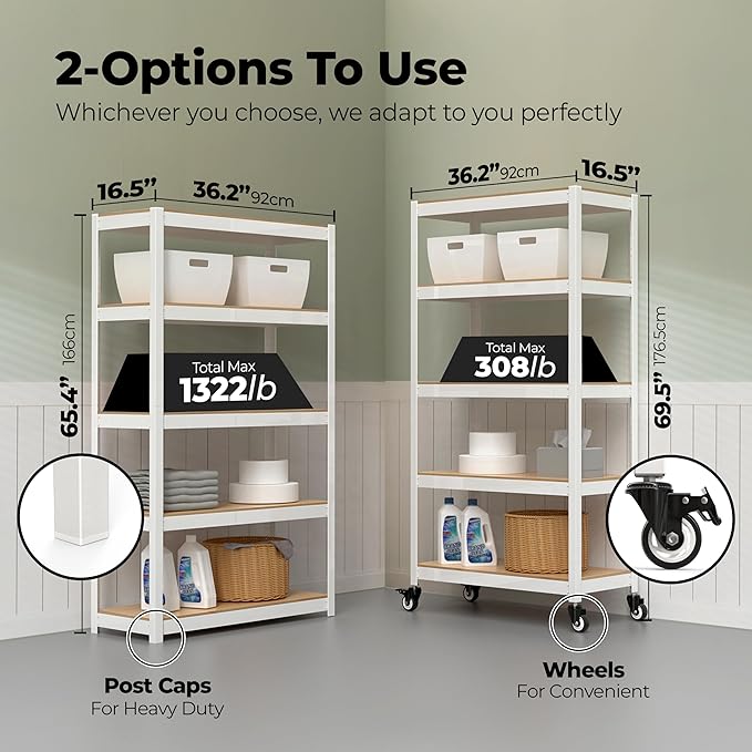 HOMEDANT House White 5-Tier Metal Rolling Cart Shelf Rack Casters Heavy Duty Wheel Shelving Unit Adjustable Utility Storage Shelves Organizer Shelf Kitchen Garage 36.2" W x 16.5" D x 69.5" H 1Pack