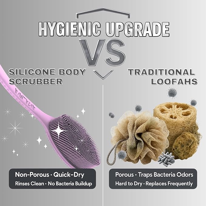 Avilana Silicone Body Scrubber – Gentle Shower Brush & Loofah Alternative- Food Grade & Lab Tested – Fast-Drying, Hygienic, BPA-Free Silicone Body Gentle Exfoliator (Pink, Long Handle)-BrightBean Baby