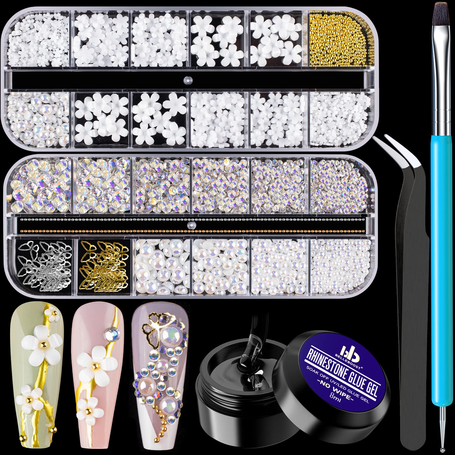 Mixed 3D Nail Art Gem Decoration Accessories Kit #6, Butterfly Starry AB Rhinestone Charm Jewelry for Deco, Pearl Flower Caviar Bead Stone Crystal with Dual-End Brush and Tweezer-BrightBean Baby
