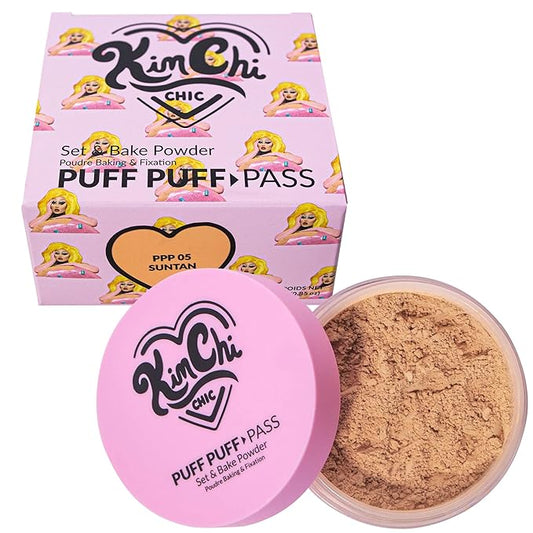 Kimchi Chic Beauty Puff Puff Pass Set and Bake Powder, Loose Face Powder with Extra Fluffy Setting Powder Puff, Soft Tan Face Makeup for Uneven Skin Tone, 05 Suntan-BrightBean Baby