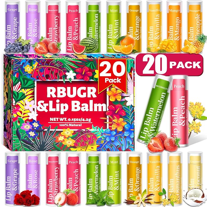 20 Pack Lip Balm, 12 Flavored Natural Lip Balm Bulk Set, Moisturizing Bulk Mini Balm Pack for Dry Cracked Lips,Hydrating for Gifts Party Favors(4.2g/0.15oz)-BrightBean Baby