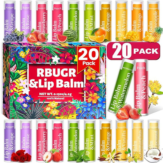 20 Pack Lip Balm, 12 Flavored Natural Lip Balm Bulk Set, Moisturizing Bulk Mini Balm Pack for Dry Cracked Lips,Hydrating for Gifts Party Favors(4.2g/0.15oz)-BrightBean Baby