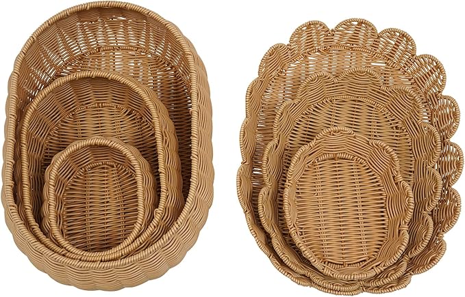 3 Pcs Wicker Storage Baskets with Lid Hand Woven Plastic Wicker Set Round Scalloped Organizer Box Natural Woven Storage Bins for Picnic,Bread,Eggs,Fruits