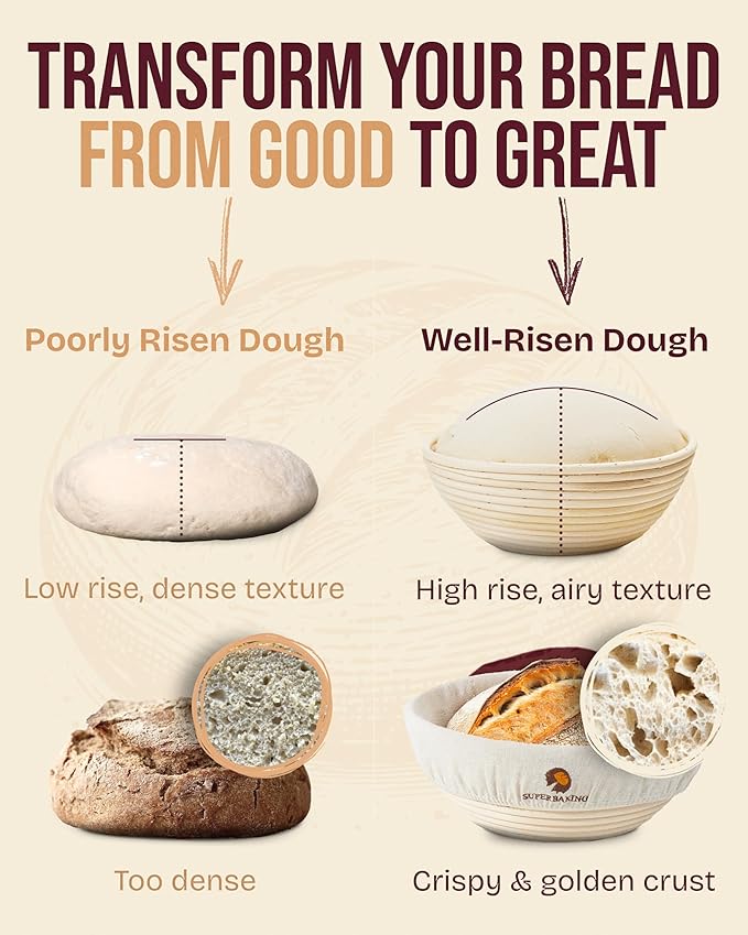 Superbaking Banneton Bread Proofing Basket, Sourdough Bread Baking Supplies, Round 9 Inch Sourdough Starter Kit, Proofing Basket for Baking, Bread Making Supplies Tools, Banneton Basket Gift Set