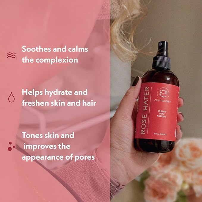 Eve Hansen Organic Rose Water Spray for Face | Huge 8 oz Moroccan Rosewater Face Toner and Makeup Setting Spray | Soothing Neck and Face Mist to Reduce Eye Puffiness, Dark Circles and Redness-BrightBean Baby