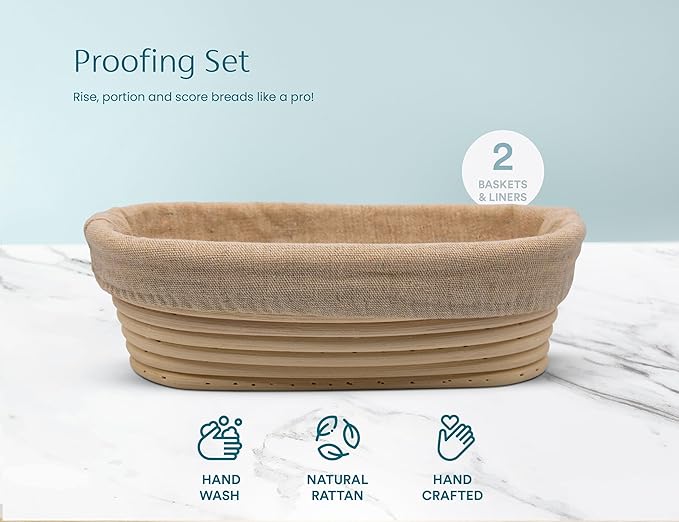 Kook Banneton Bread Proofing Set, Artisan Sourdough Bread Making Kit, 9.8 Inch Rattan Baskets and Liners, Metal & Plastic, Scrapers, Scoring Lame & Case, 4 Extra Blades, Set of 2, Oval