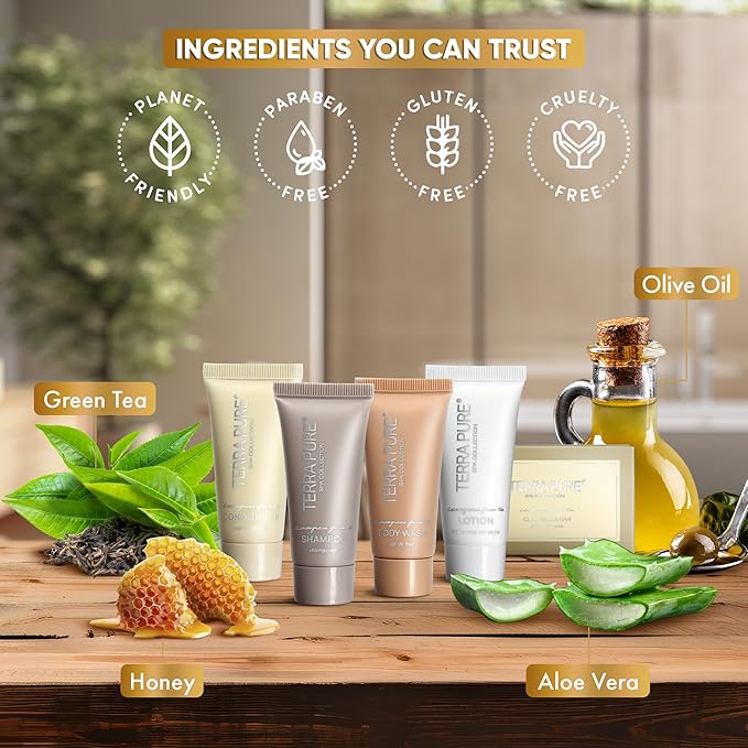 Terra Pure Spa Collection Bulk Set Toiletries | 1-Shoppe All-In-Kit Amenities for Hotels & Airbnb | 0.85 oz Hotel Shampoo & Conditioner, Body Wash, Lotion & Cleansing Bar Travel Size Tubes| 150 Pieces-BrightBean Baby