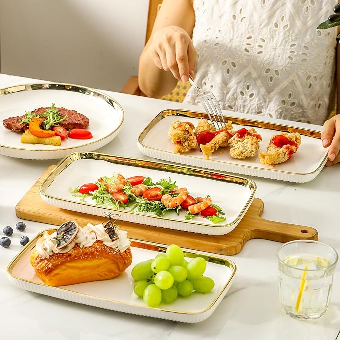LETAOTAO Serving Platters, Ceramic Serving Platters Set of 4, 12 Inch Rectangular Serving Trays Dishes for Party Entertaining, White Dinner Plates with Gold Trim for Sushi Desserts Appetizers Salad
