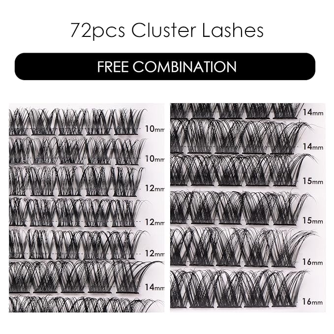 Cluster Lashes 72 Individual Lashes Clusters Eyelash Extensions False Eyelashes DIY Lash Extension Kit Reusable False Eyelashes Natural Look Mix 10-16mm C D Curl-DM01-BrightBean Baby