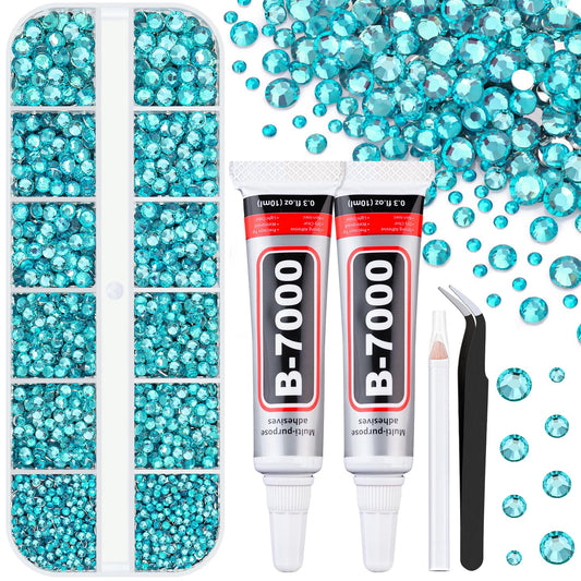 6100Pcs Resin Rhinestones for Crafting with 2Pcs 10ml B7000 Jewelry Glue, 1 Box Flatback Crystals Diamond (Teal Blue) for Bedazzling Crafts DIY Nail Art，Non Hotfix Gems for Clothing Shoes Tumblers-BrightBean Baby