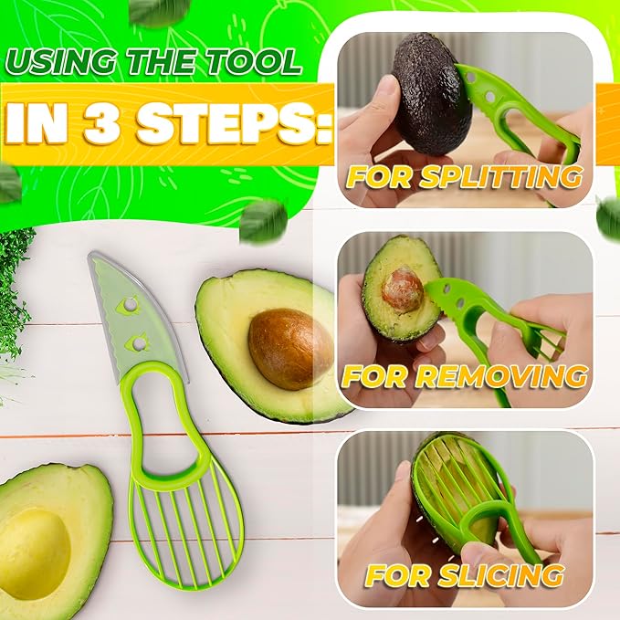 Avocado Slicer Tool 3 in 1 – Food-Grade Plastic Cutter, Peeler & Pit Remover for Easy Slicing, Scooping & Quick Food Prep – Easy to Use Kitchen Stocking Stuffers, Durable with Ergonomic Design