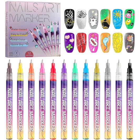 Kalolary 12 Color Nail Art Pens Set, Nail Art Markers Polish Pens Nail Point Graffiti Dotting Pen Drawing Painting Liner Brush for DIY Nail Art Beauty Adorn Manicure Tools-BrightBean Baby