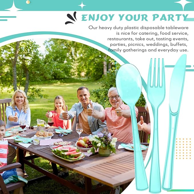 Minatee 150 Pieces Disposable Cutlery Set Plastic Silverware Heavy Duty Utensil Sets 50 Forks 50 Knives 50 Spoons for Home Office School Party Picnics Restaurant Outdoor Events(Light Green)