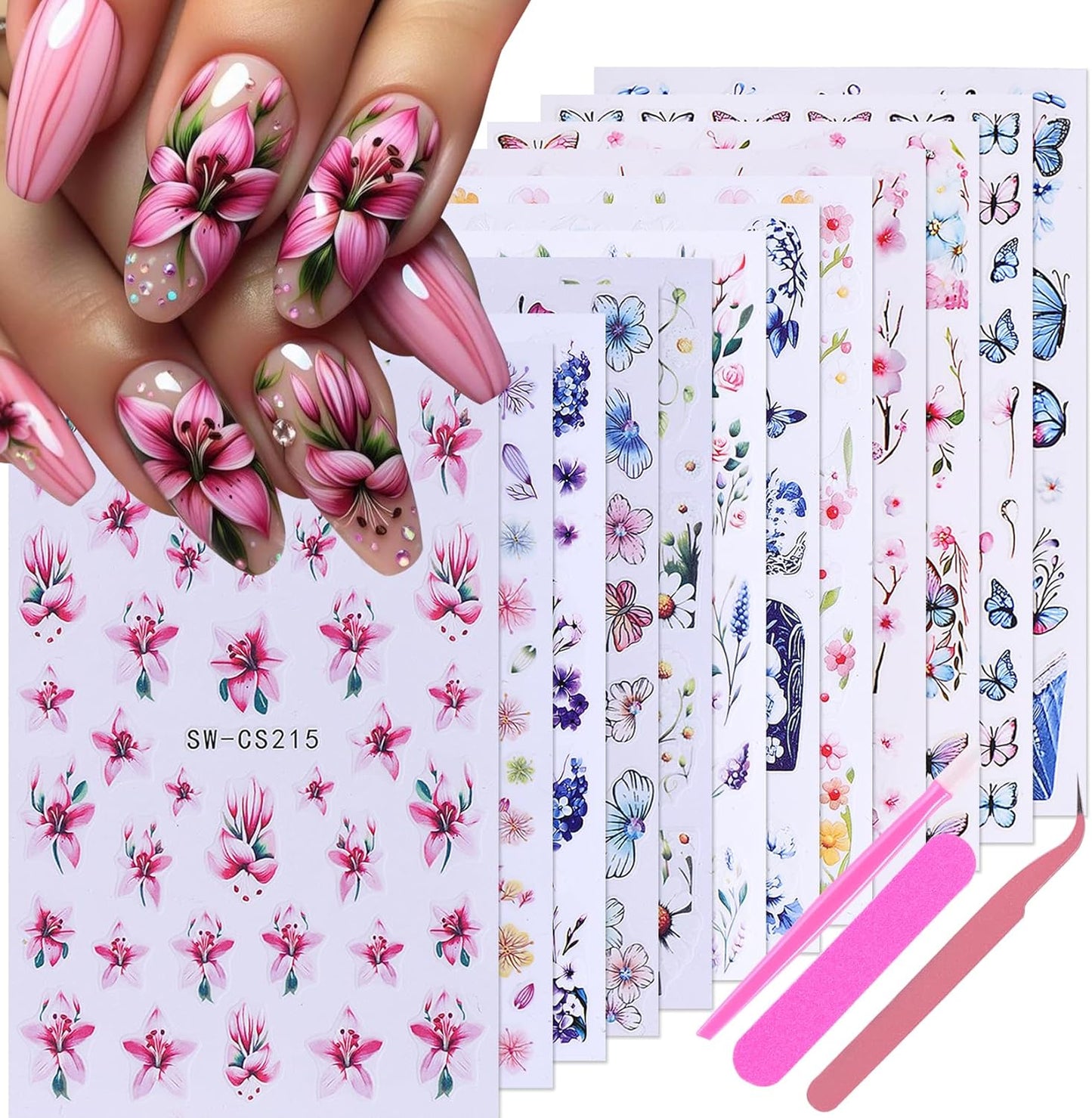 Flower Stickers for Nail Art Decals - 12 Sheets Spring Butterfly Nail Stickers with Tweezers 3D Floral Leaves Plant Nail Art Designs DIY Self Adhesive Daisy Blossom Nail Supplies Decorations-BrightBean Baby