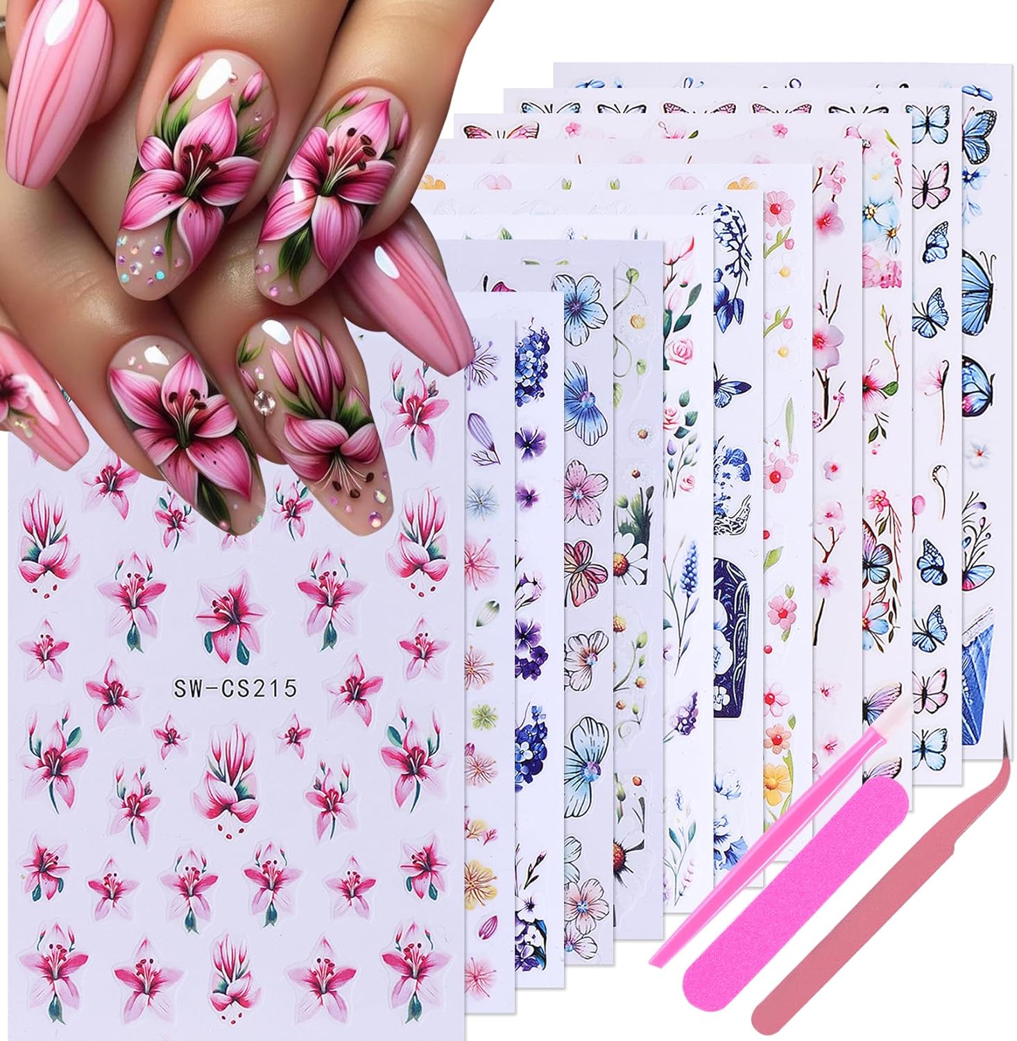 Flower Stickers for Nail Art Decals - 12 Sheets Spring Butterfly Nail Stickers with Tweezers 3D Floral Leaves Plant Nail Art Designs DIY Self Adhesive Daisy Blossom Nail Supplies Decorations-BrightBean Baby