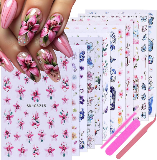 Flower Stickers for Nail Art Decals - 12 Sheets Spring Butterfly Nail Stickers with Tweezers 3D Floral Leaves Plant Nail Art Designs DIY Self Adhesive Daisy Blossom Nail Supplies Decorations-BrightBean Baby