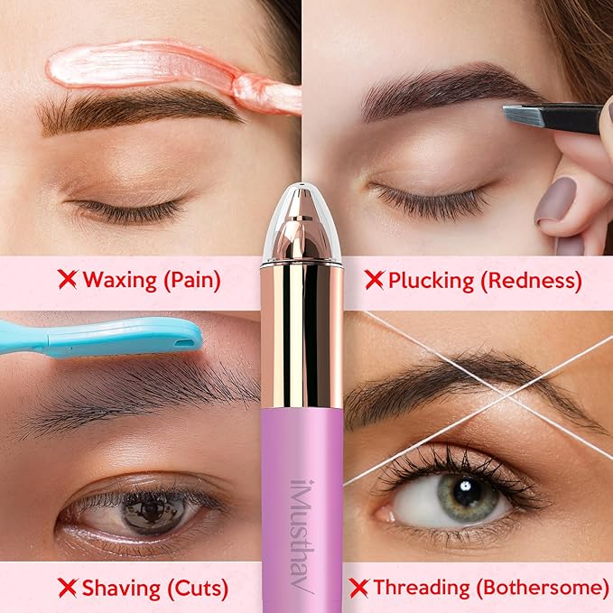 Mini Portable Painless Eyebrow Remover Trimmer for Women, Eyebrow Razor Epilator Pen,18K Gold-Plated Hypoallergenic Precision Pencil-tip. 360° LED Light for Instant and Painless Hair Remover.