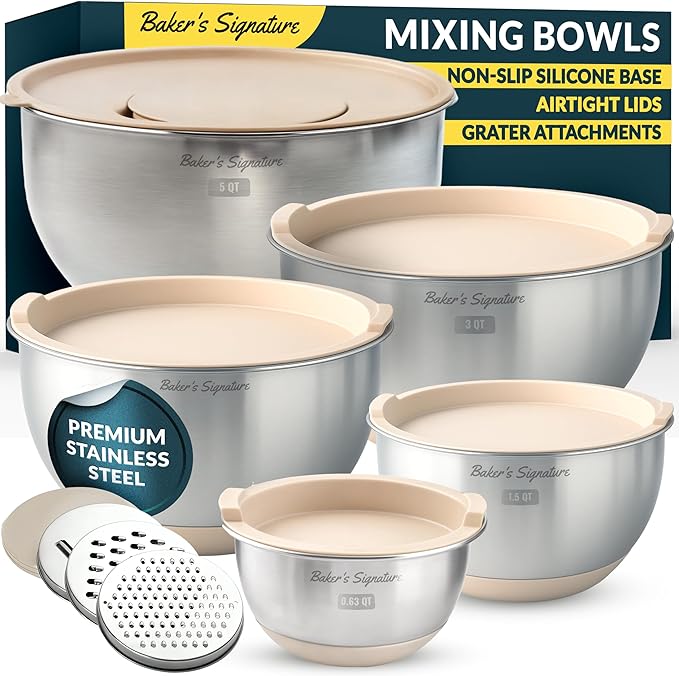 Baker's Signature Stainless Steel Mixing Bowls with Lids Set, 5 Sizes, 3 Graters, Non-Slip Base, Airtight Lids, Metal Mixing Bowls for Kitchen, Food Prep, Storage, 0.63QT-5QT, Khaki