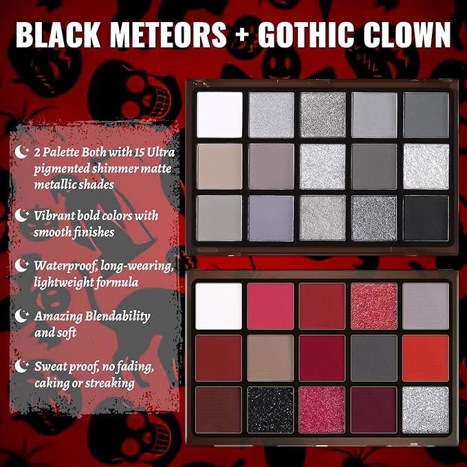 UCANBE 2pcs Halloween Eyeshadow Palette Makeup Set, Black Red Colors Shimmer Matte Metallic Smokey Dark Eye Shadow Pallet with Soft Brush Kit, Goth Eye Make Up for Costume Joker Clown Vampire-BrightBean Baby