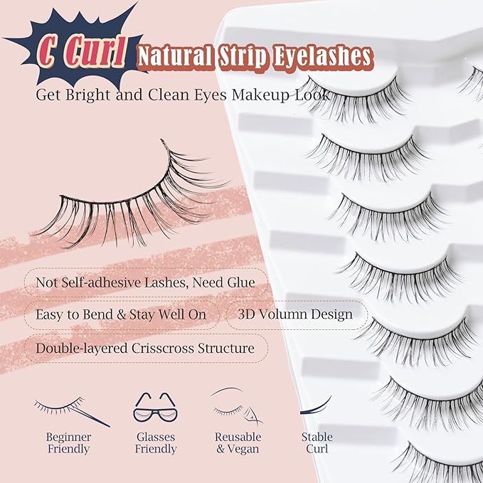 Lashes Short Eyelashes 10MM Natural Lashes Wispy Thin Band Strip Lashes Short Eyelashes Natural Look 3D Volume Lashes 7 Pair Fake Lashes Siligli-BrightBean Baby