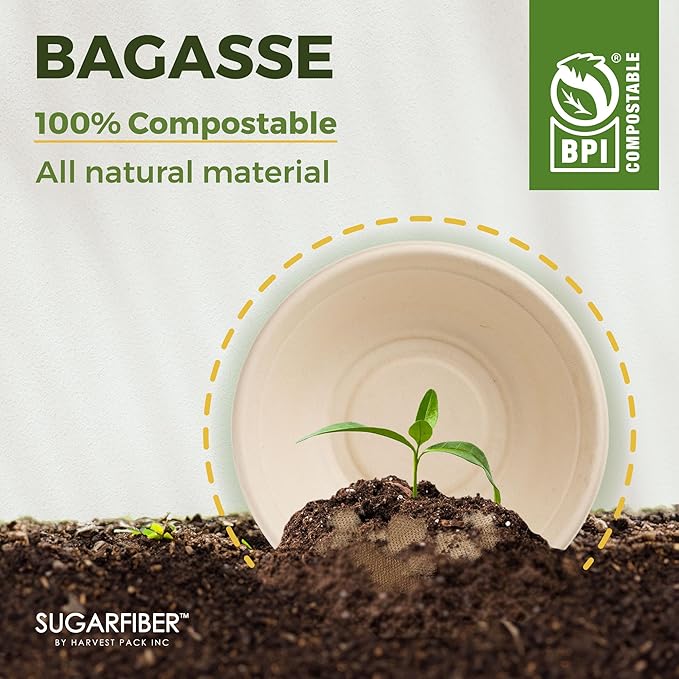 [50 Count] Harvest Pack PFAS Free 12oz Round Paper Bowls - Compostable Heavy-Duty Eco-Friendly Disposable Bagasse Bowls Sugarcane Natural Plant fibers for Meal Prep Takeout Dinnerware