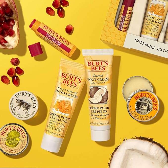 Burt's Bees Back to School Gifts Ideas, 6 Body Care College Dorm Products, Tips and Toes Set - Pomegranate Moisturizing Lip Balm, 2 Hand Creams, Foot Cream, Cuticle Cream & Hand Salve-BrightBean Baby