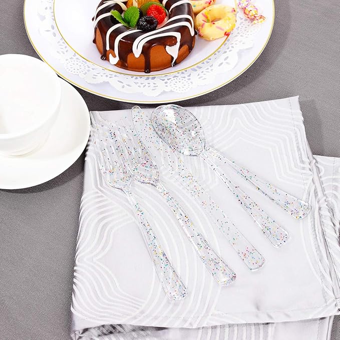 Supernal 360pcs Clear Plastic Silverware, Glitter Disposable Cutlery with Colorful Design,120 Forks,120 Knives,120 Spoons,Perfect for Parties Birthday
